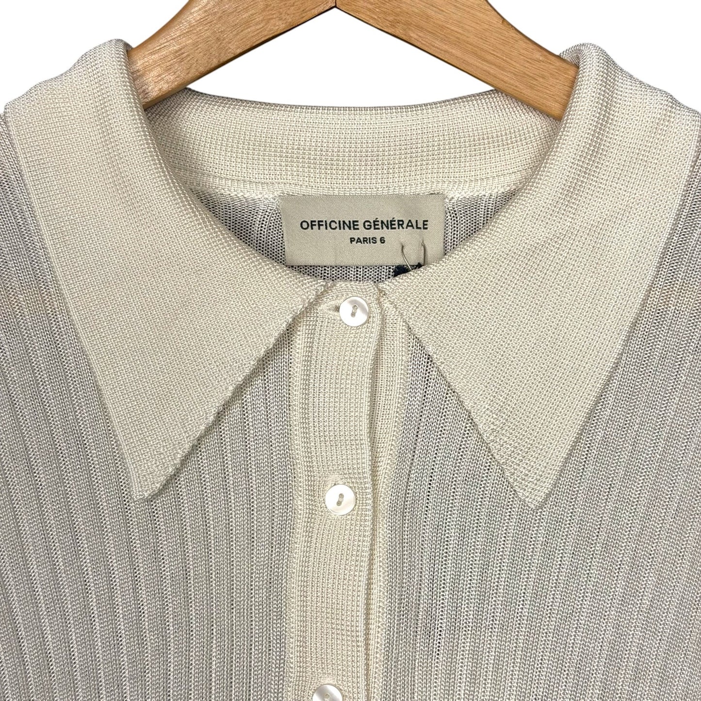 Officine Generale Jana Ribbed Knit Cream Polo Long Sleeve Top Women's M NWT $465