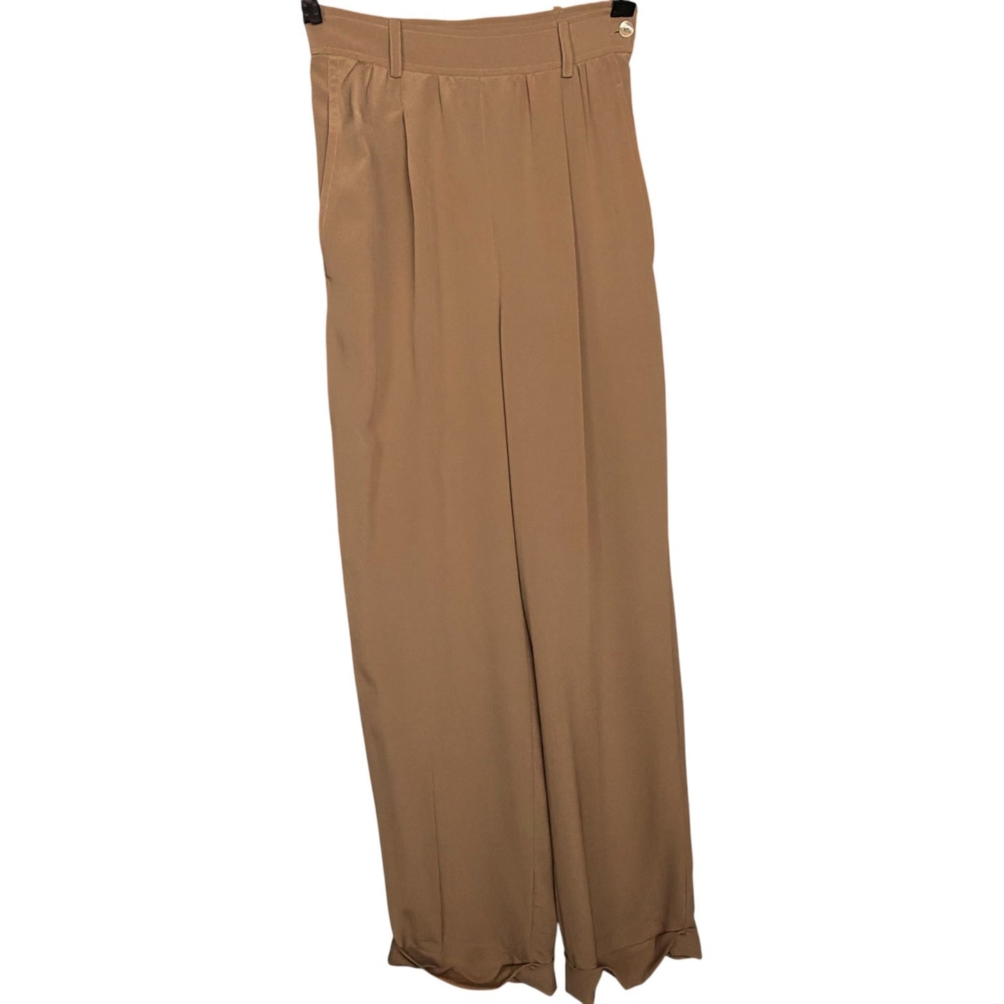 Dusan 100% Silk Flowy Pleated Tan Cuffed Women's L EU 42 Slacks Pants Career NWT