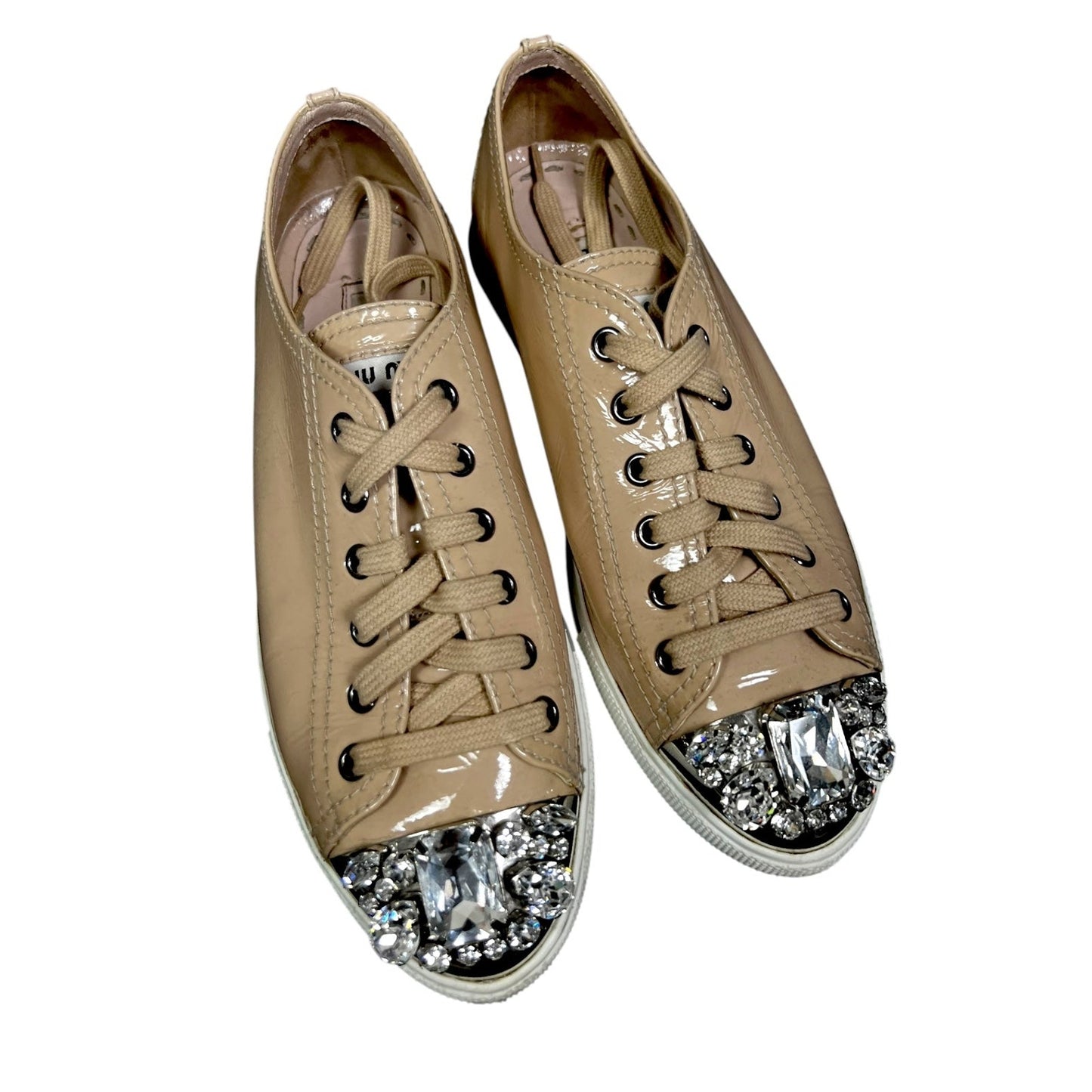 Miu Miu Crystal Embellished Patent Leather Beige Sneakers $1,120 US 7.5/8 EU 38
