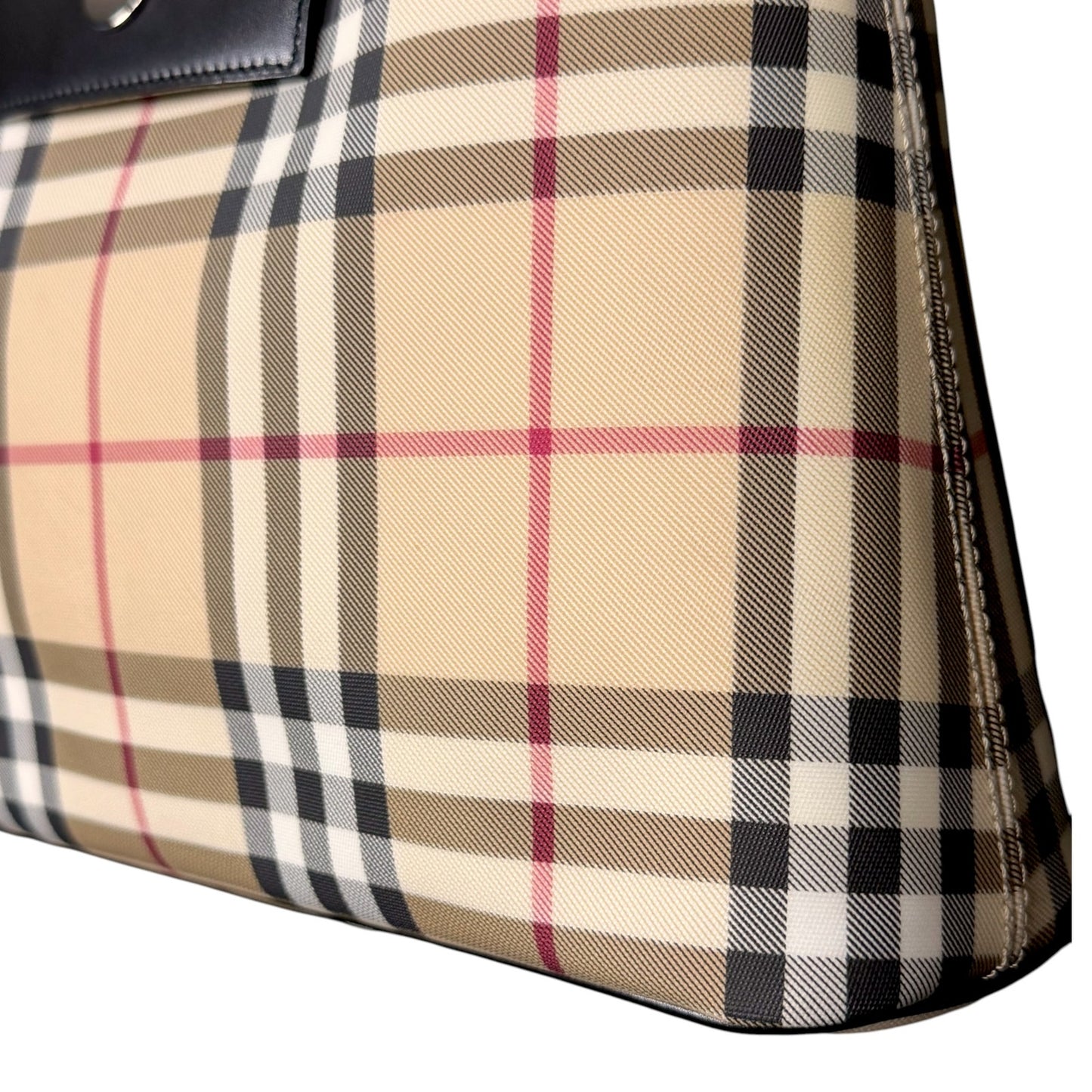 Burberry Nova Check Top Handle Bag Purse Silver Metal Leather Trim Luxury