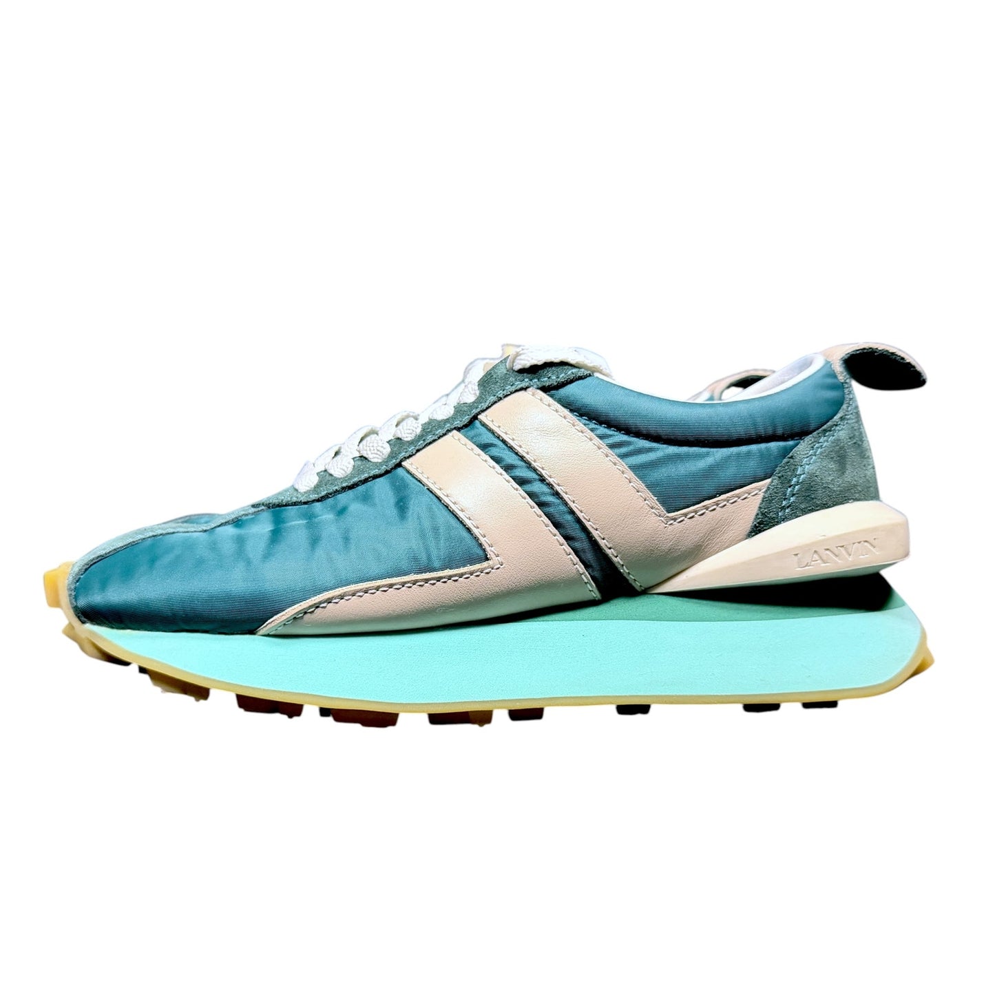 Lanvin Women's 37 Peacock Blue White Bumper Suede Leather Lace Up Sneakers US 6