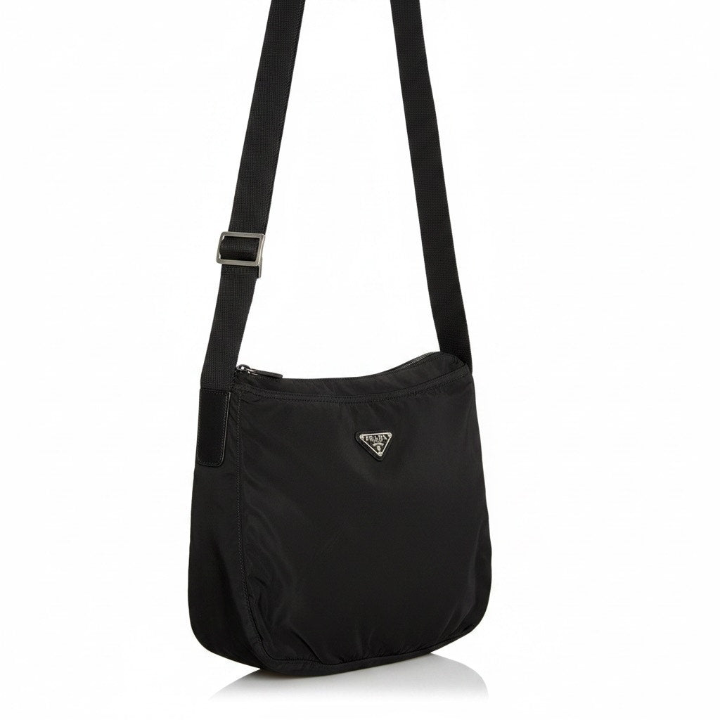 Prada Tessuto Black Nylon Medium Shoulder Bag Vintage Zip Closure Luxury