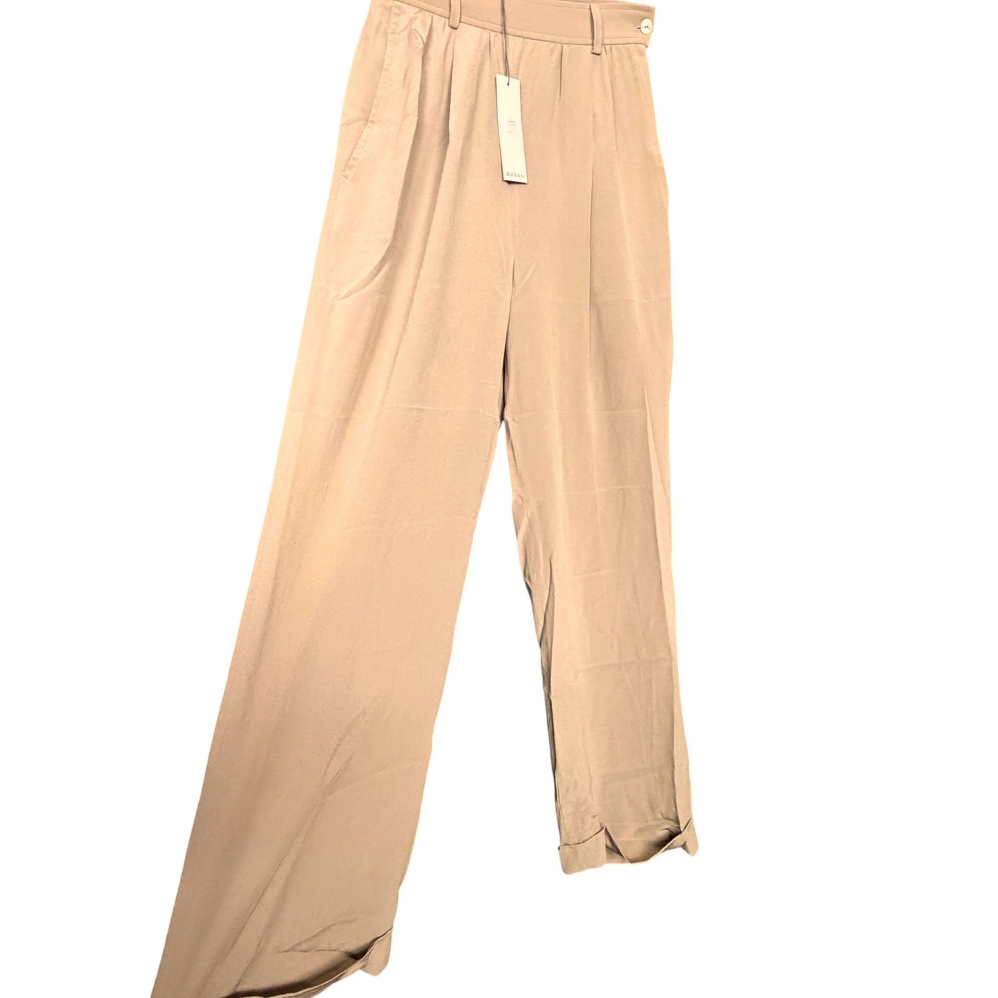 Dusan 100% Silk Flowy Pleated Tan Cuffed Women's L EU 42 Slacks Pants Career NWT
