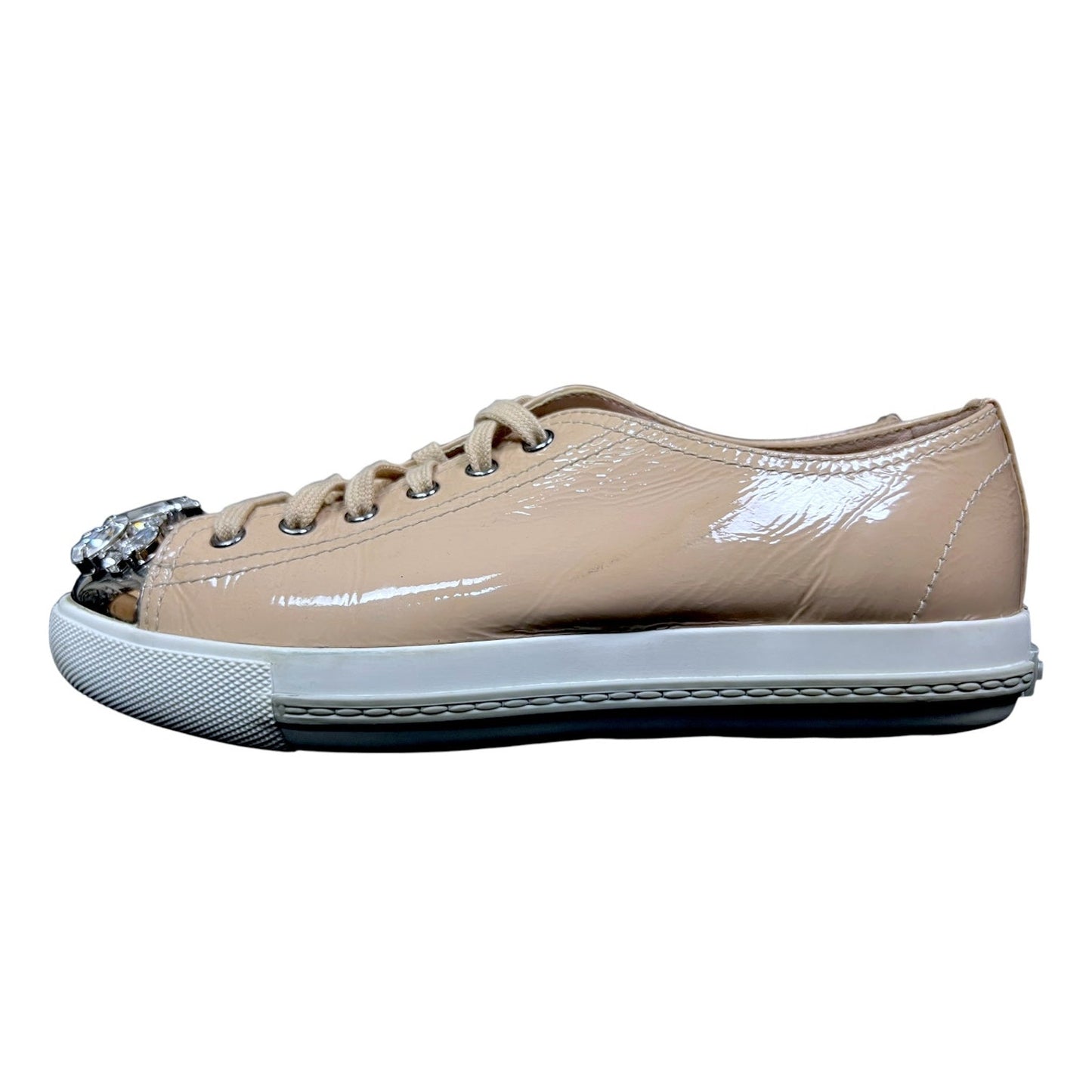 Miu Miu Crystal Embellished Patent Leather Beige Sneakers $1,120 US 7.5/8 EU 38