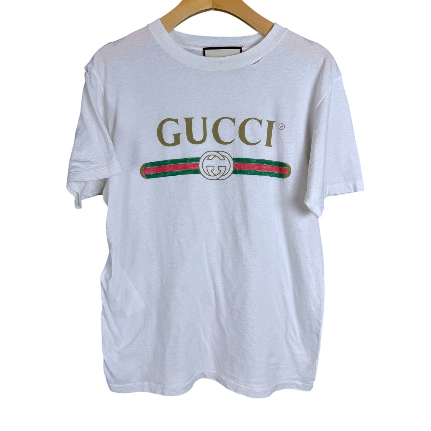 Gucci White Washed Cotton Jersey Oversize T-Shirt with Gucci Logo Distressed Neck $650 Retail