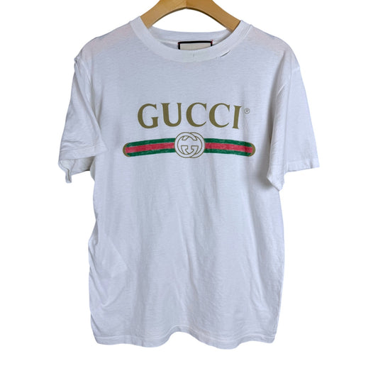 Gucci White Washed Cotton Jersey Oversize T-Shirt with Gucci Logo Distressed Neck $650 Retail