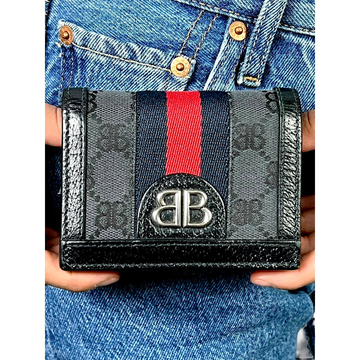 Balenciaga x Gucci Hacker Project BB Canvas Monogram Ophidia Web Black Wallet