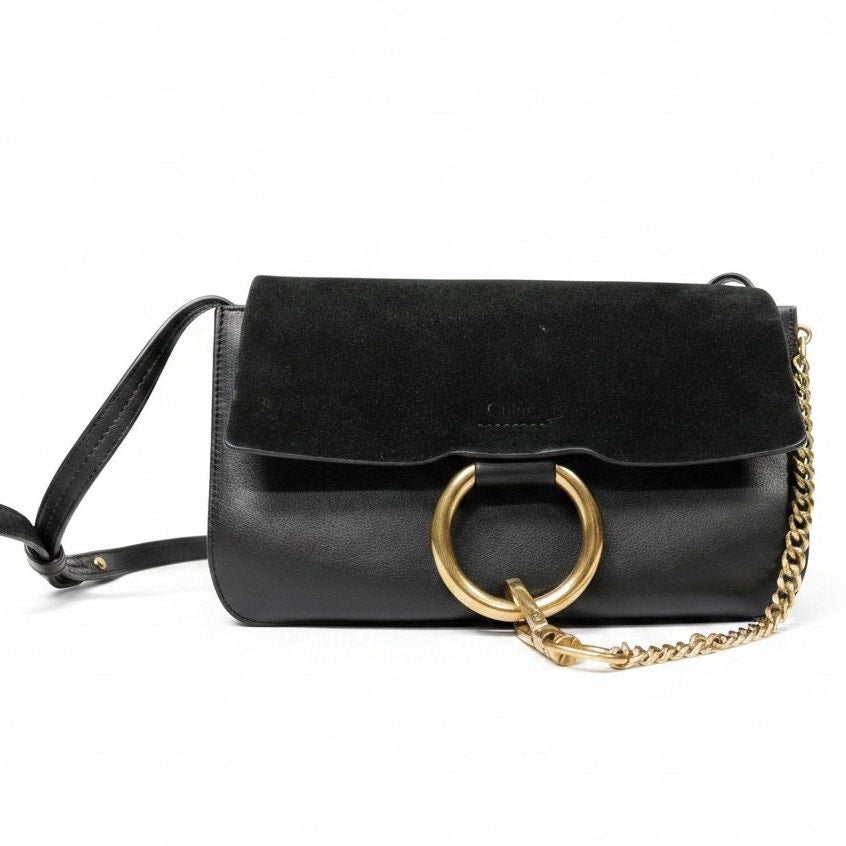 Chloe Faye Black Gold Shoulder Strap Small Handbag $1,350 Retail Suede Leather