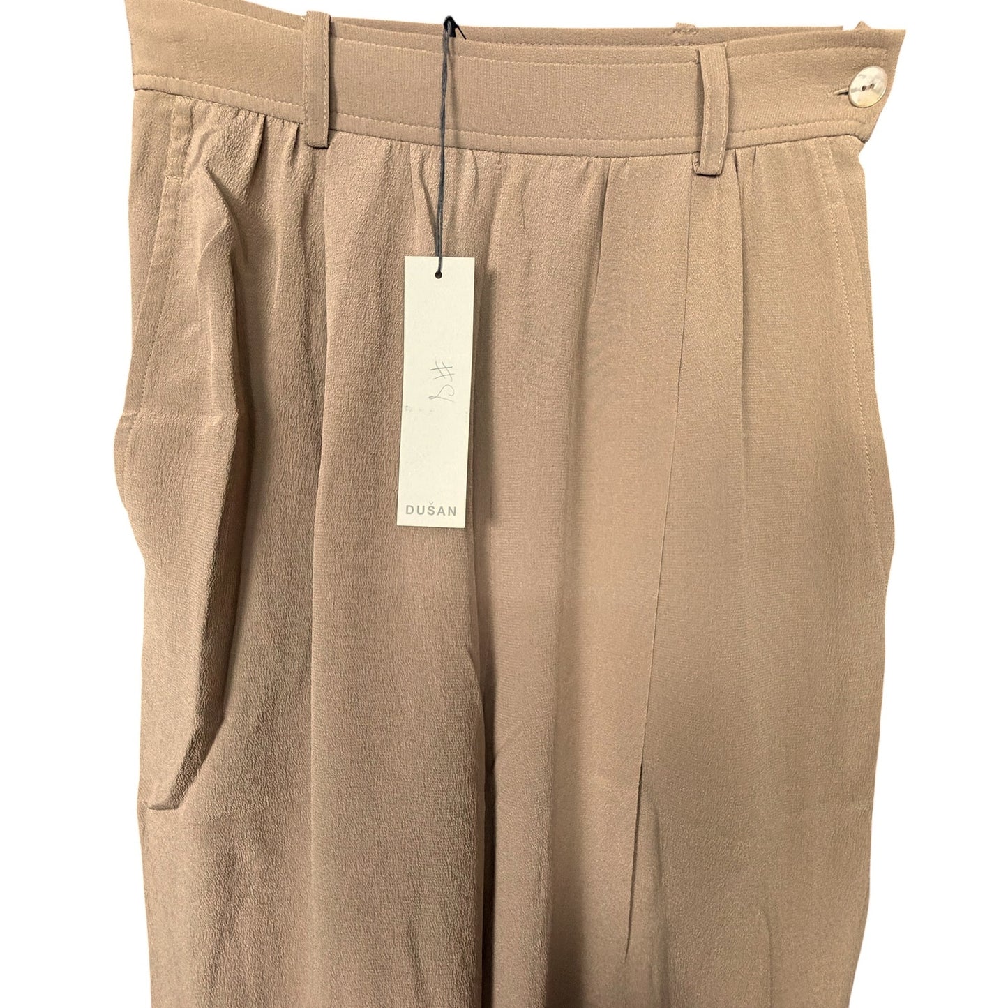 Dusan 100% Silk Flowy Pleated Tan Cuffed Women's L EU 42 Slacks Pants Career NWT