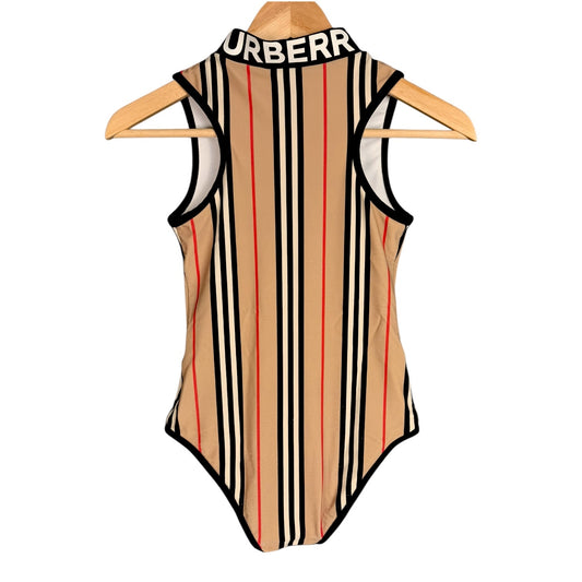 Burberry Girl Siera Logo Iconic Stripe One Piece Zip Swimsuit - $230 Retail